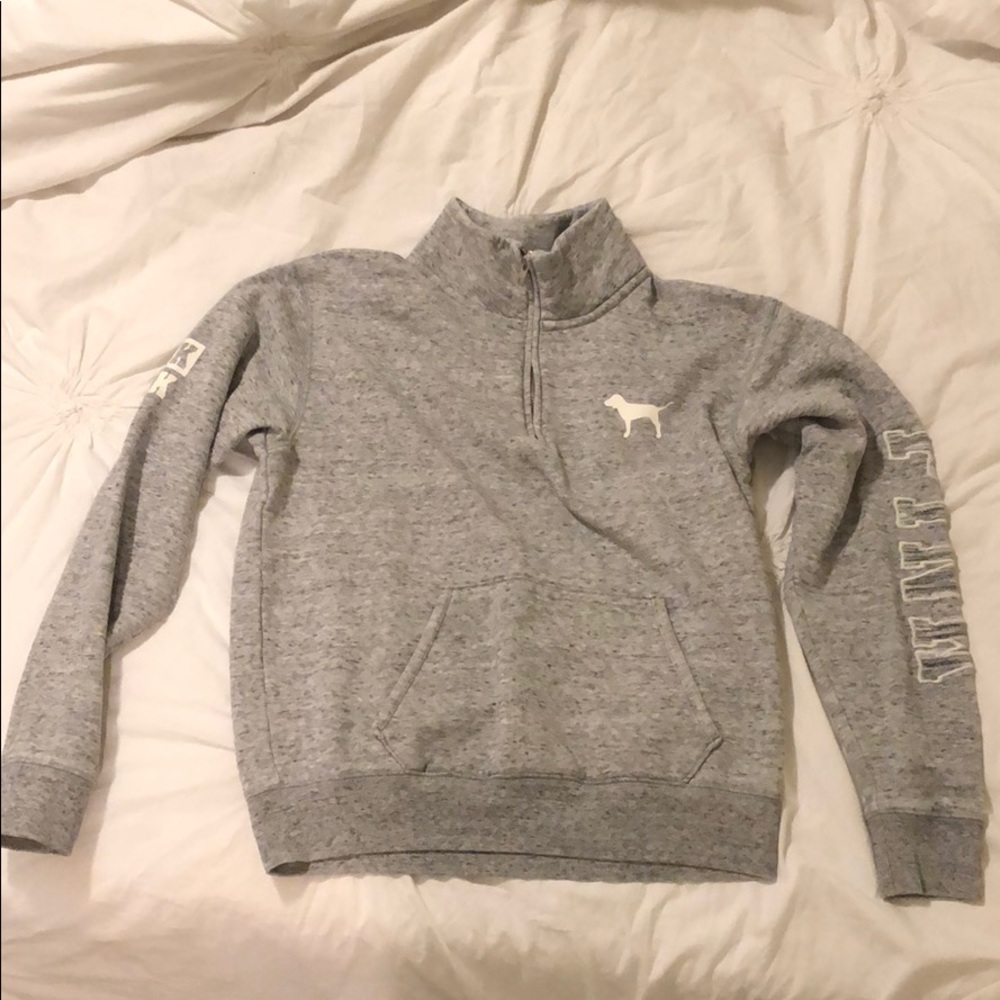 Gray PINK crew neck quarter zip sweatshirt